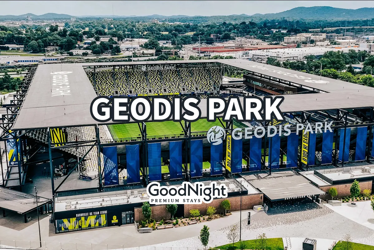 An exterior shot of GEODIS Park, highlighting its prominent signage, stadium seating, and the surrounding landscape. The scene exudes energy and suggests possibilities for team outings or after-hours fun.