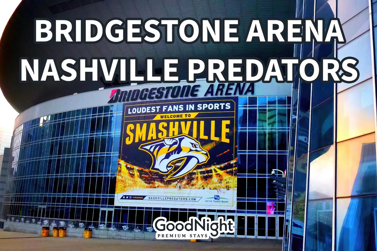 A dynamic exterior view of Bridgestone Arena, complete with prominent signage, the Nashville Predators logo, and a welcoming event banner. The bustling atmosphere suggests excitement and community, hinting at concerts, live shows, and nightlife.