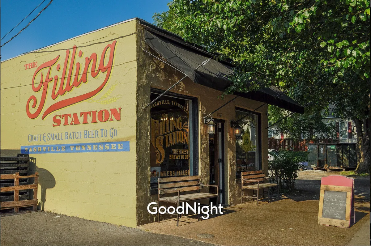 An exterior with a vibrant wall mural, wooden benches, and large windows. People are seen enjoying craft beer and socializing outdoors, contributing to a relaxed, local vibe.