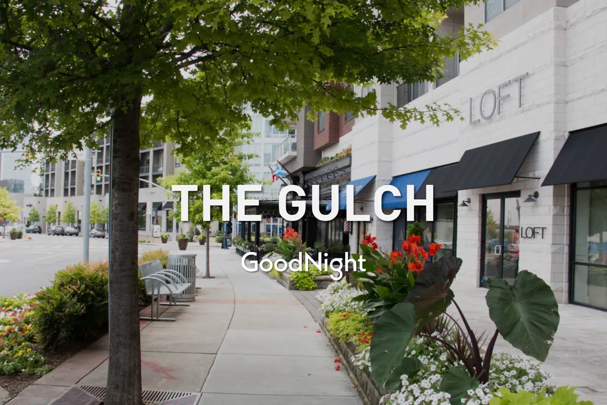 A picturesque, tree-lined sidewalk with bustling storefronts, colorful flower beds, and benches. People can be seen strolling, shopping, and enjoying the vibrant ambiance of the 12 South District.